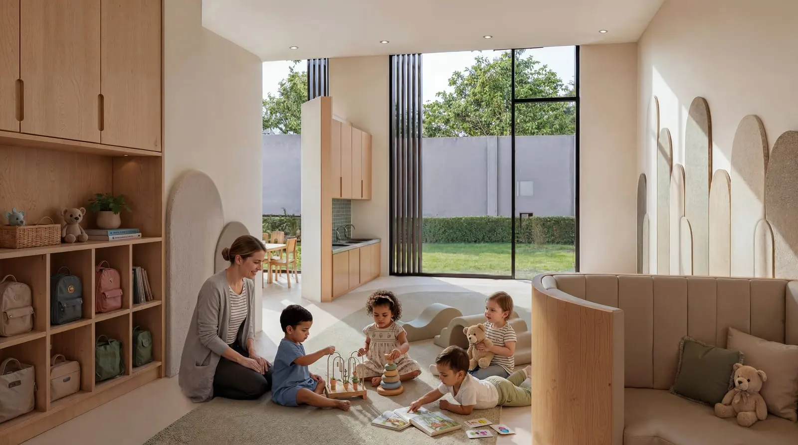 Classroom for the youngest children with low oak shelving and a play corner