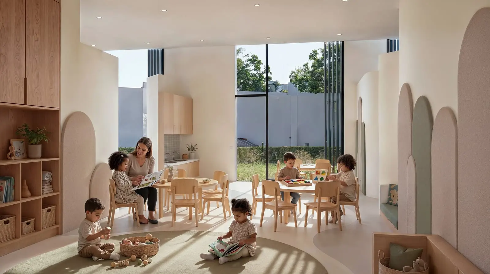 Nursery classroom with oak shelving, low tables and garden views