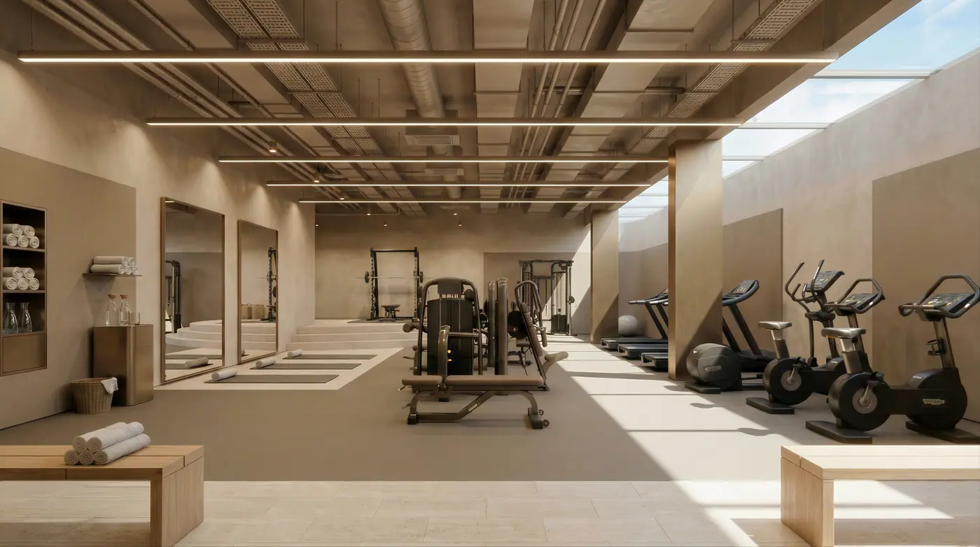 Gym with an exposed ceiling