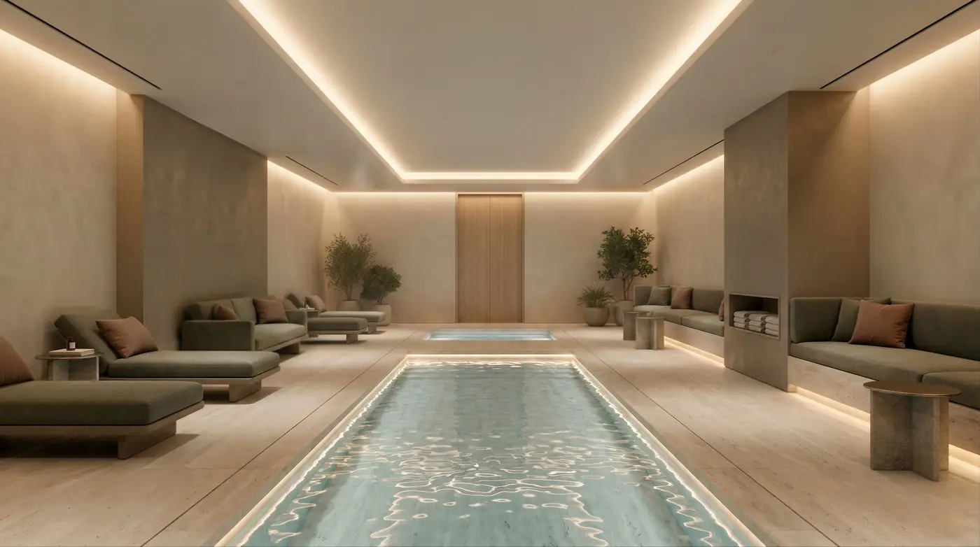 Plunge pool lined with travertine and soft lighting