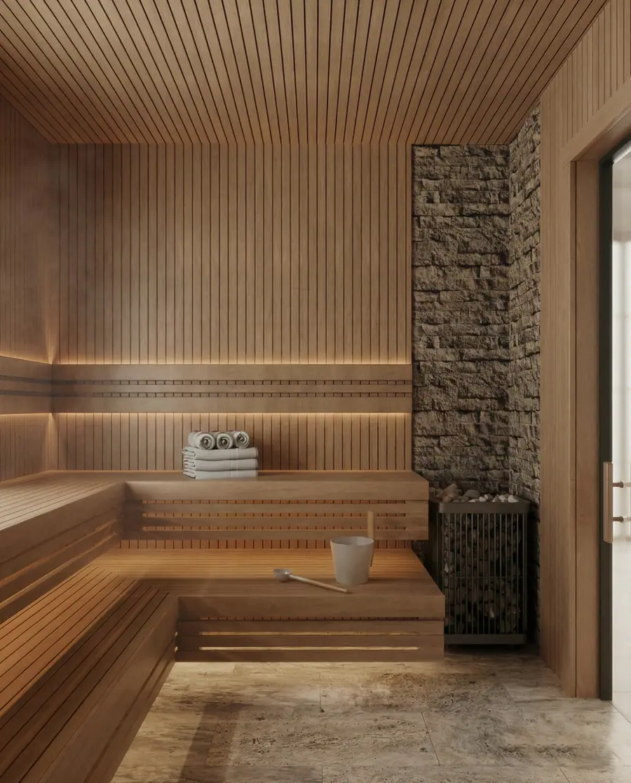 Timber sauna with stone wall