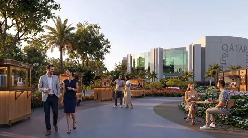 A planted plaza with kiosks