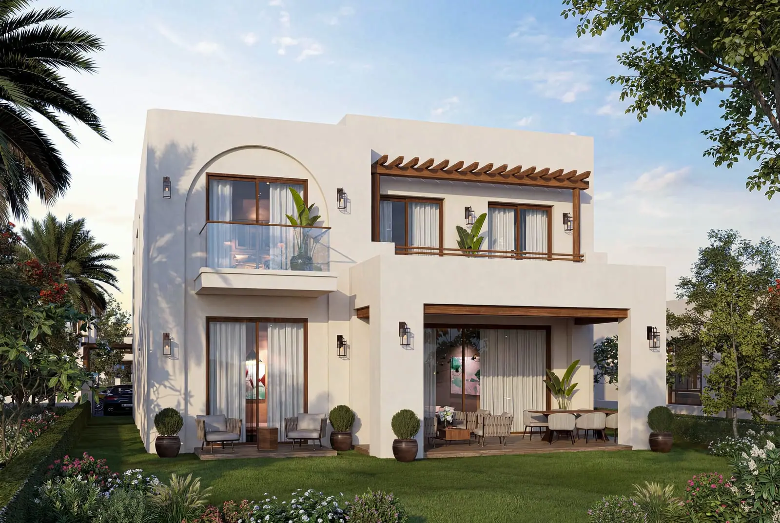 Two-storey beachfront villa with arched balcony
