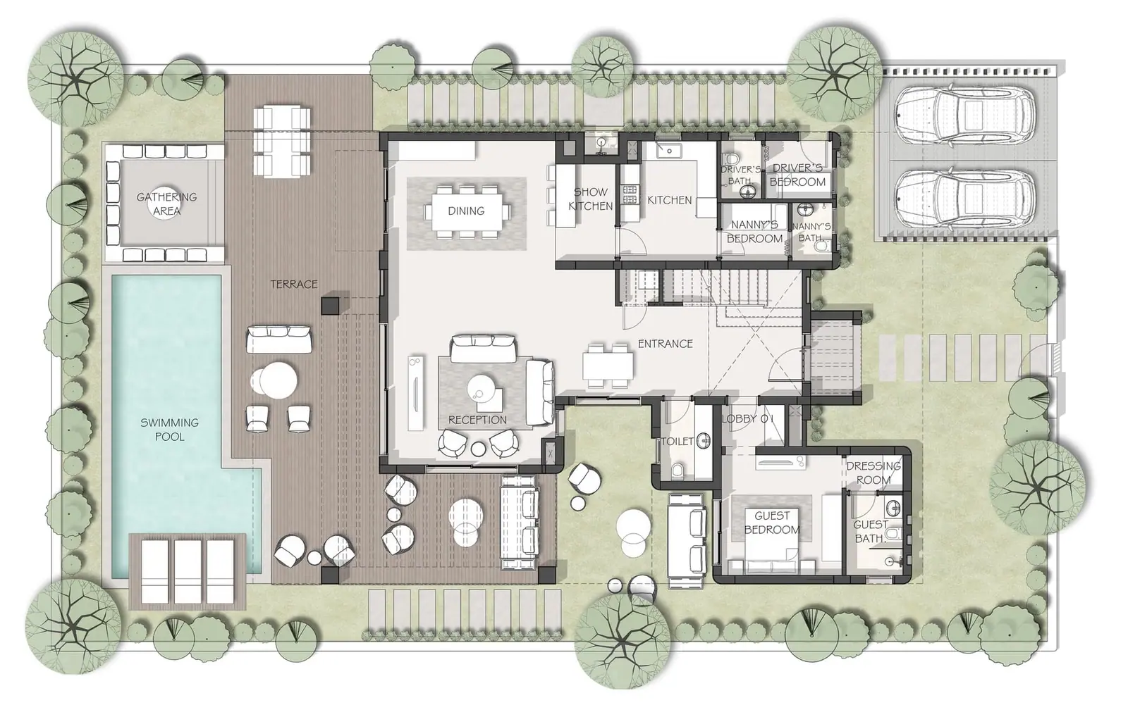 Coloured ground floor plan of the large villa with pool, garden and furnished rooms