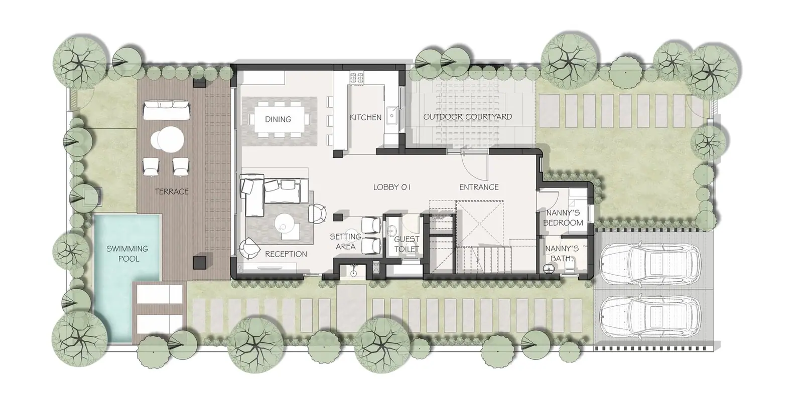 Coloured ground floor plan of the small villa