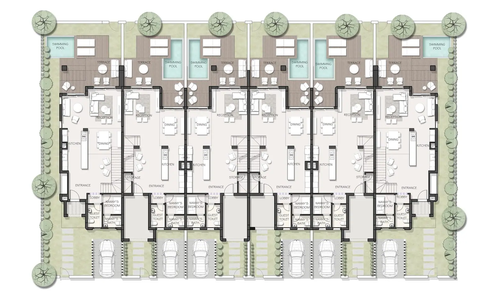 Coloured ground floor plan of a row of townhouses