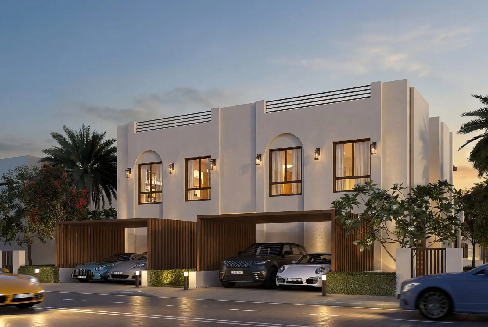 Twin villa at dusk